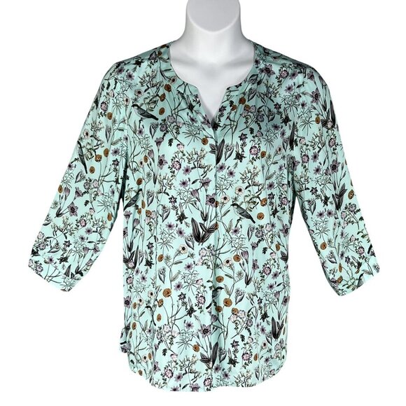 J Jill Womens L Seafoam Botanical Bird Floral Print Top 3/4 Sleeve Blouse Silky - Picture 1 of 16